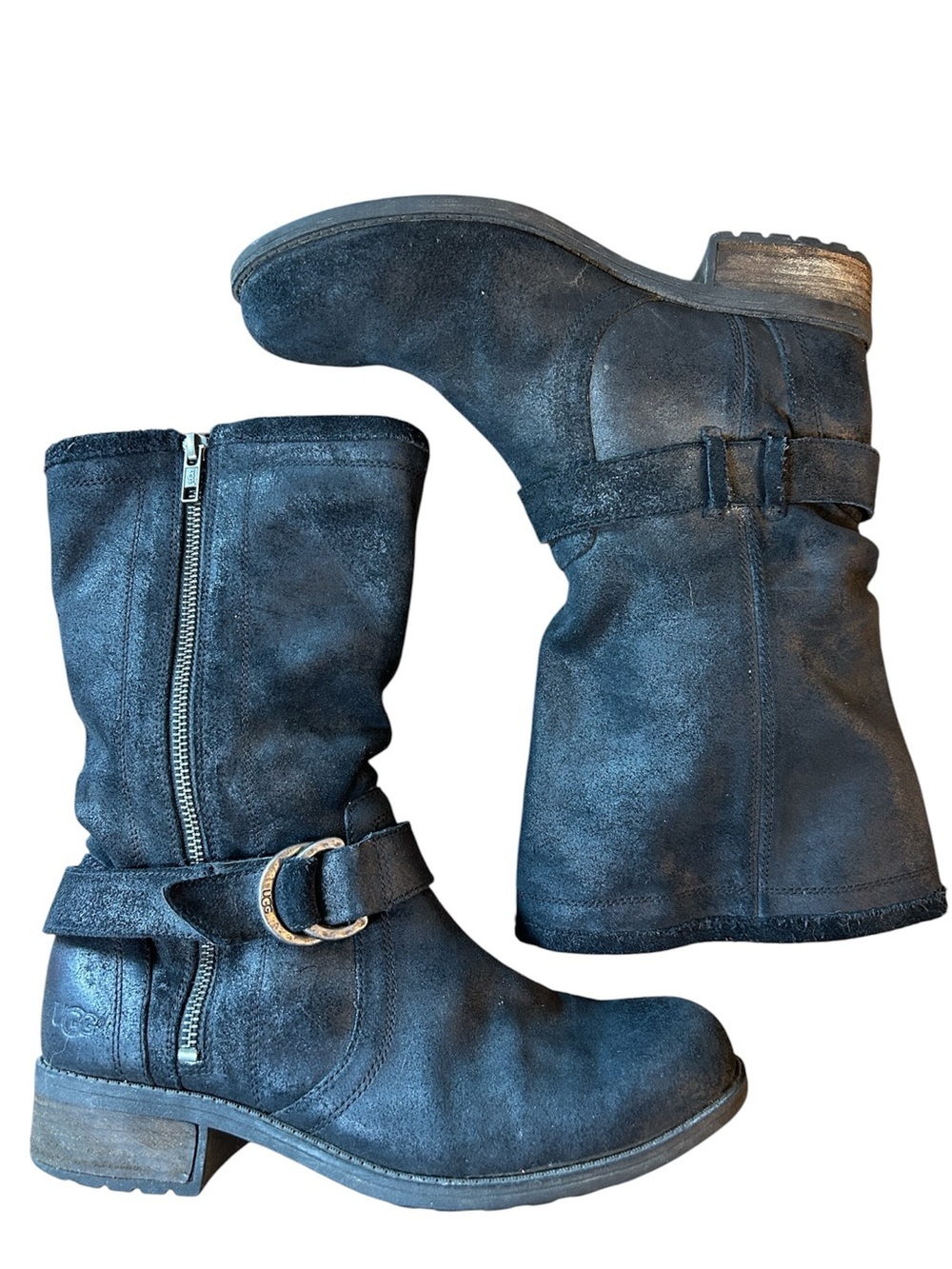 UGG Silva Moto Boot Leather Nubuck Harness Zip Slouchy Snakeskin Mid Calf sz 9.5